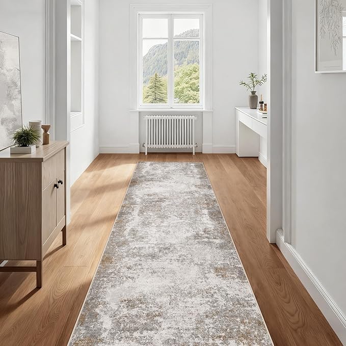 2.6'x8' Hallway Runner Washable Rug - Modern Abstract Rug Runners for Hallways Non-Slip Low Pile Thin Soft Machine Washable Carpet for Bedroom, Laundry, Kitchen, Indoor Entryway (2.6'x8' Brown Grey)