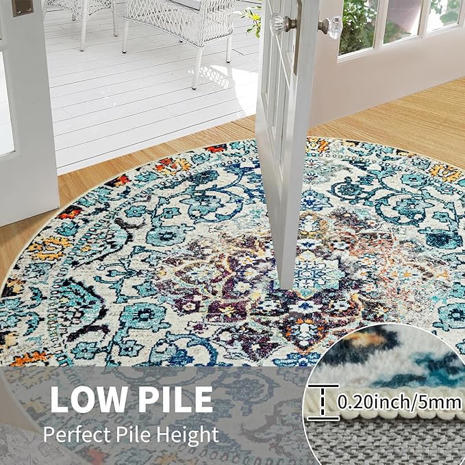 Easy-Going Round Rug 6ft Area Rug Washable Boho Circle Rugs for Living Room Non-Slip Bedroom Rug Low Pile Lightweight Medallion Distressed Throw Rug for Dining Room Kitchen Home Office, Vintage Multi
