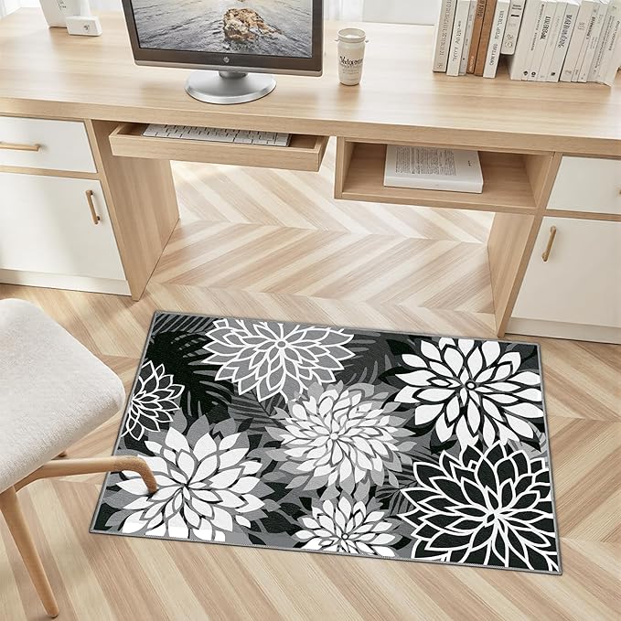 2x3 Washable Small Rug Tropical Botanical Modern Floral Indoor Chenille Door Mat Carpet Non Slip for Patio, Entry Way, Entrance, Porch, Black