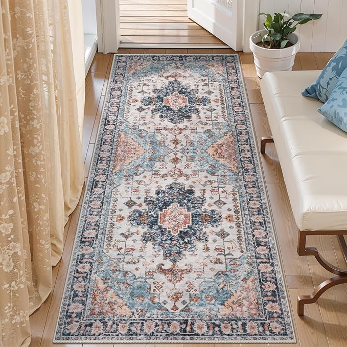 Tangsoo 2x5 Washable Runner Rug for Hallways, Non Slip Vintage Runner Rug, Soft Low Pile Long Print Distressed Blue/Orange for Kitchen Bedroom Entryway Bathroom Living Room
