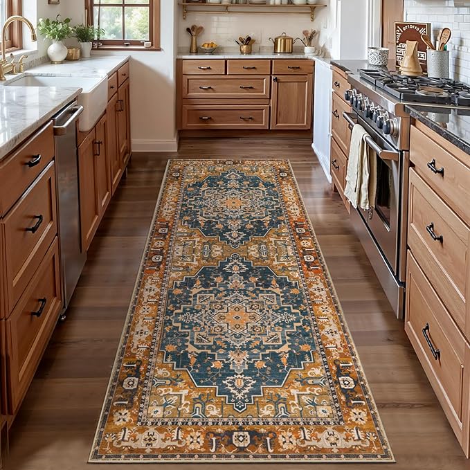 Tangsoo 2x6 Washable Runner Rug for Hallways, Non Slip Vintage Runner Rugs, Soft Low Pile Long Rug Runner, Print Distressed for Kitchen Bedroom Entryway Bathroom Living Room Indigo Ochre
