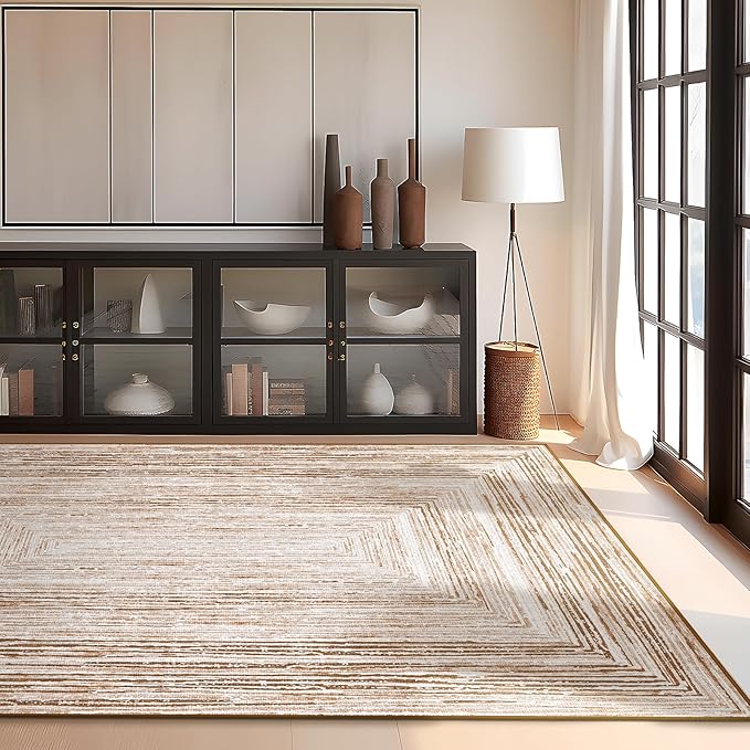 Phantoscope Washable Area Rug 5'x7' Non-Slip, Modern Neutral Boho Rugs for Living Room, Bedroom, Dining Room, Distressed Geometric Rectangle Pattern, Low-Pile Foldable Floor Carpet, Neutral Beige/Rust