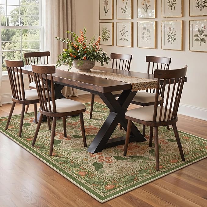Bavni 6x9 Area Rugs, Floral Machine Washable Rugs for Living Room, Dinning Room, Bedroom, Non Slip Aesthetic Vintage Low Pile Durable Lightweight Farmhouse Rug, Sage Green & Burnt Orange