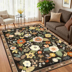 Floral 3x5 Area Rug Machine Washable Soft Print Boho Carpet Non Slip Doormat Low Pile Flower Area Rugs for Living Room Bedroom Nursery Kitchen Dining Room Indoor-Black/Yellow/Red