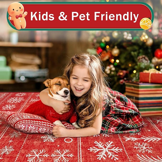 Christmas Area Rug 8x10 Living Room Rugs, Machine Washable Boho Christmas Tree Snowflake Rug Non-Slip Soft Low Pile Holiday Indoor Rugs for Bedroom Kitchen Dining Room Office(Xmas Red, 8'x10')