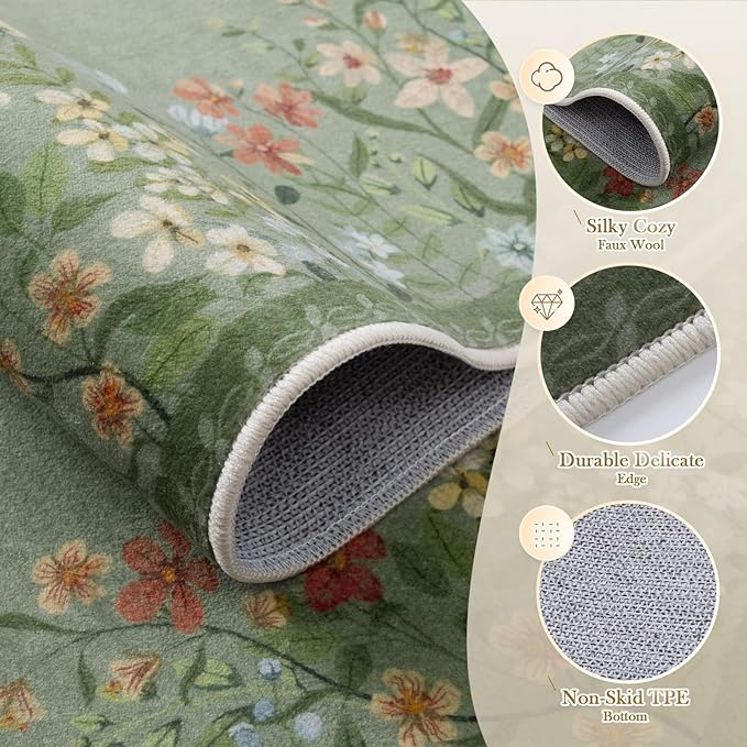 Wonnitar Washable 8x10 Living Room Area Rug, Large Green Floral Rugs for Bedroom, Non-Slip Soft Botanical Area Rug Throw Carpet for Dining Guest Room Playroom (Green,8'x10')