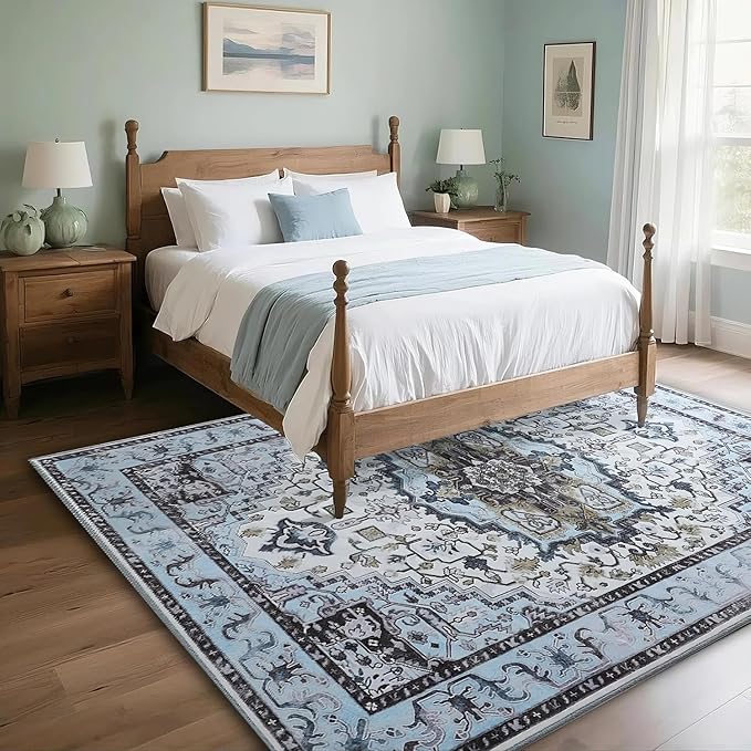 8x10 Large Area Rugs for Living Room, Washable Vintage Rugs-Low Pile Carpet, Non-Slip Soft Distressed Printed Patterns Rugs for Bedroom, Dining Room, Blue