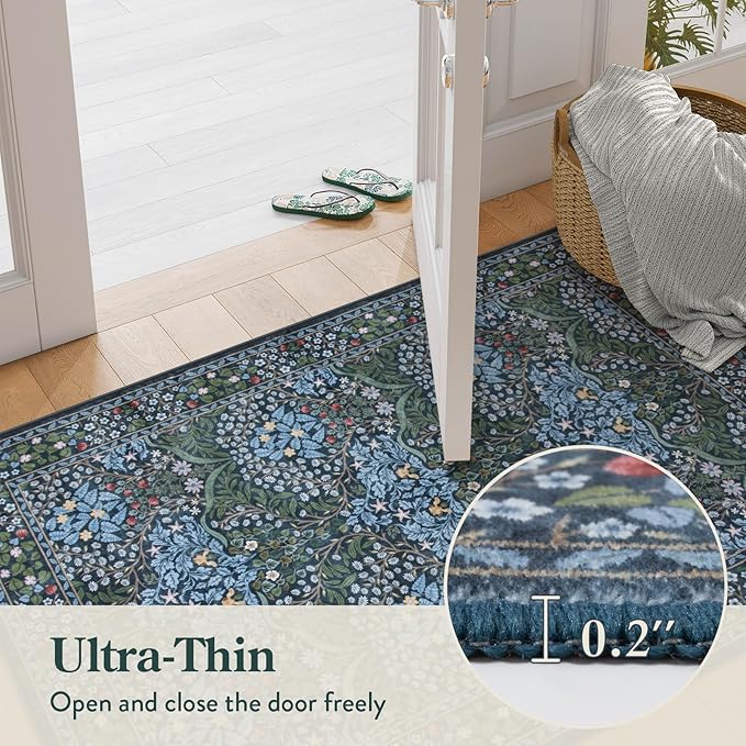 Lahome Floral Washable Kitchen Runner Rug, 2x6 Runners for Hallways Non Slip Ultra-Thin, Boho Soft Hallway Rug Forest Blue Carpet for Bedroom Bathroom Laundry Room, Blue