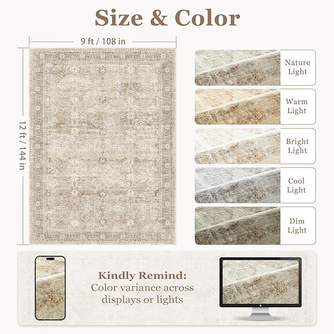 Vintage Neutral Large Area Rugs 9x12 for Living Room, Earth Tone Beige Taupe Big Room Carpet Rug for Bedroom Dining Room, Washable Rug with Rubber Backing Low Pile Thin Soft for Family Room