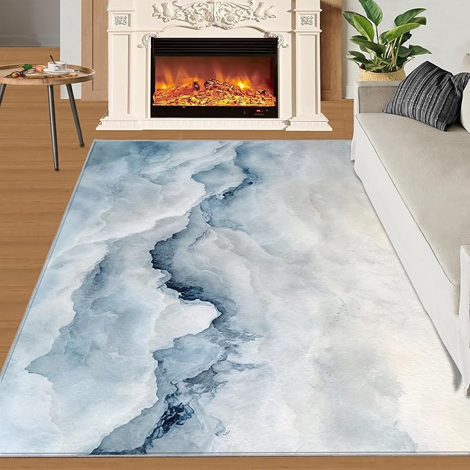 Modern Simple Art Rugs for Bedroom - 5x7 Area Rug - 3D Cloud Marble Rugs for Living Room, Abstract Mist Marble Rug, Washable Home Decor Carpet