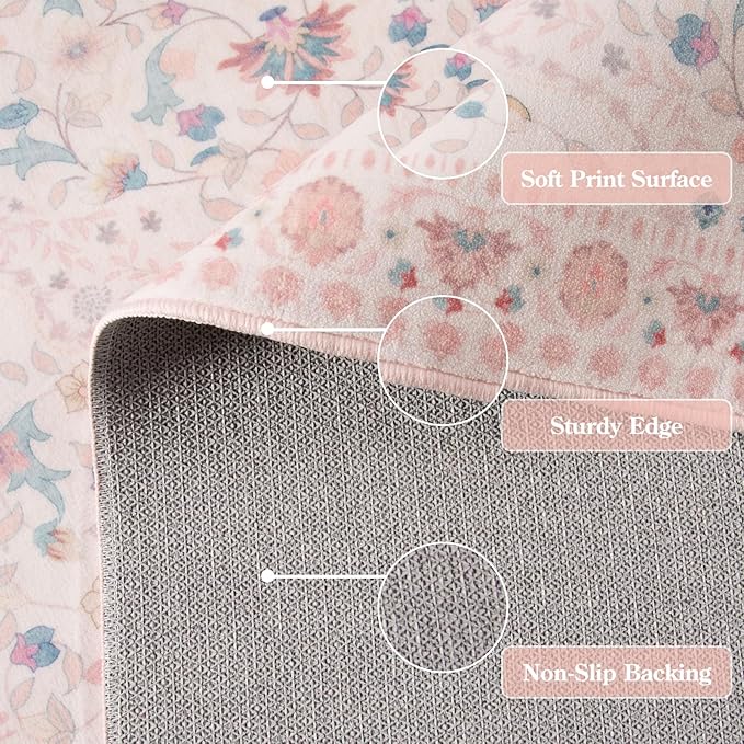 Wonnitar Floral 5x7 Washable Nursery Rug, Pink Rugs for Bedroom Girls, Boho Ultra-Thin Soft Non Slip Floor Carpet for Dorm Living Room Playroom Home Decor, Pastel Pink