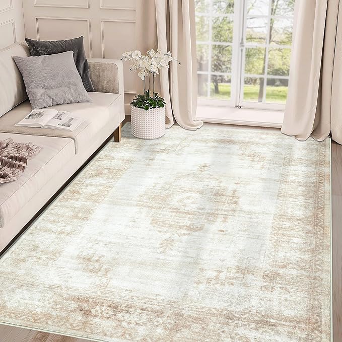 Vintage Living Room Area Rug - 5x7 Large Machine Washable Boho Moroccan Distressed Farmhouse Rugs for Bedroom - Soft Non-Slip Indoor Floor Accent Rugs for Office Dining Room (Beige, 5' x 7')