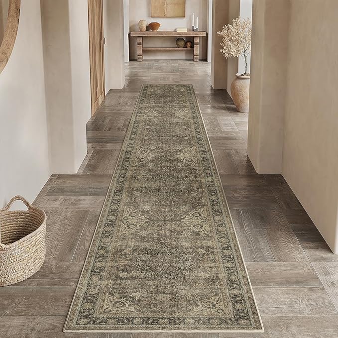 2x10 Washable Brown Runner Rug Vintage Hallway Kitchen Carpet Non-Slip Soft Low Pile Distressed Throw Rug for Bedroom Bathroom Laundry Living Room