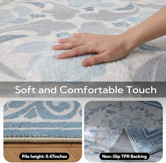 SOULFUL Medium Pile 8x10 Rugs for Living Room - Cozy Soft Underfoot Large Area Rug - Mist Blue Boho Floral - Washable Non-Slip - Perfect for Bedroom Kids Room Under Dining Table Office