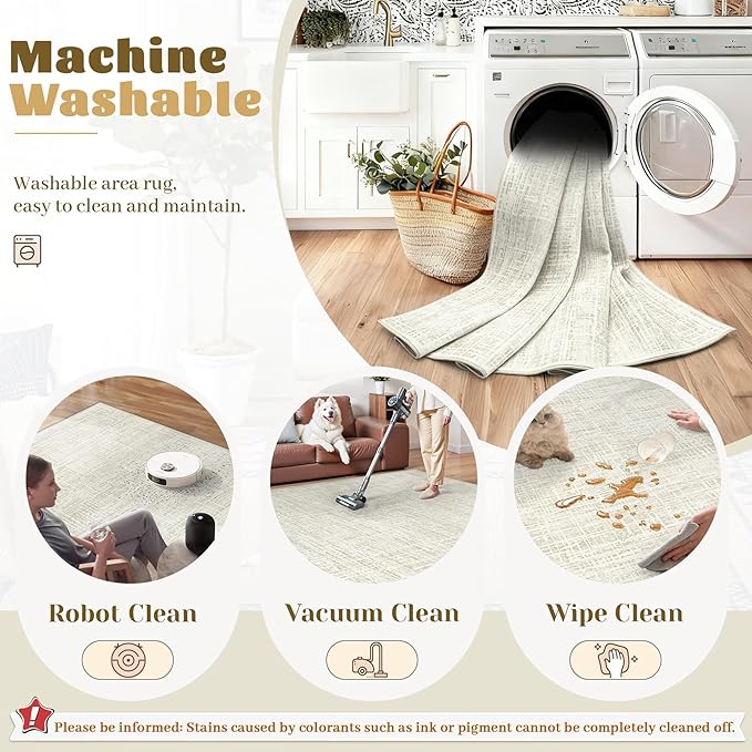5x7 Area Rugs for Living Room, Washable Large Area Rug Neutral Modern Abstract Bedroom Rug Soft Non Slip Low Pile Stain Resistant Indoor Carpet for Nursery Kids Dining Room Office(Beige, 5'x7')