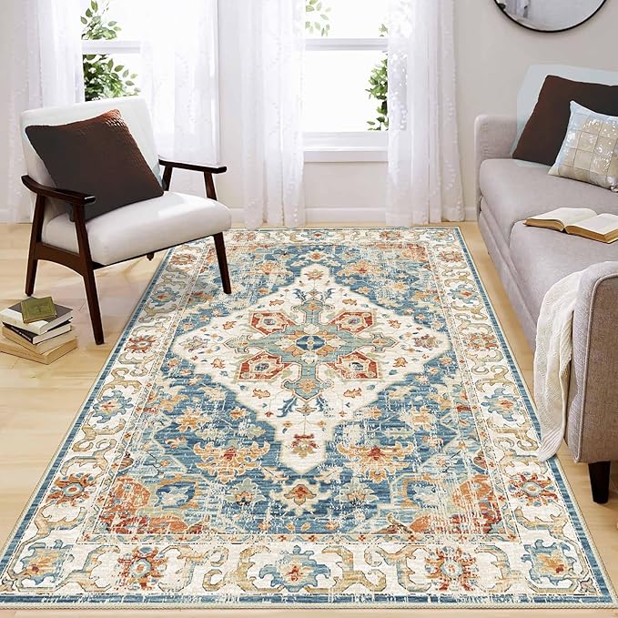 Enkor Area Soft Rugs 5x7 Washable Non Slip Boho Floor Rugs for Living Room Bedroom, Vintage Style Farmhouse Mat for Kitchen Entryway Orange & Blue