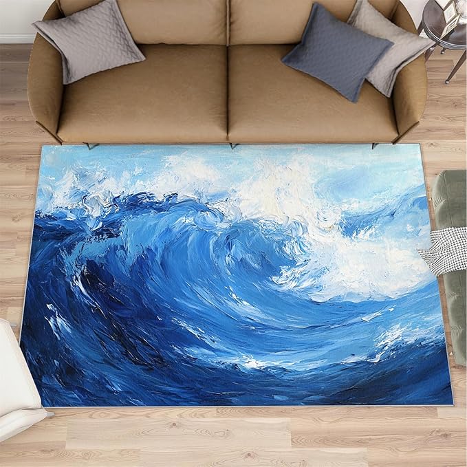 Japanese Ocean Rugs for Bedroom - 3x4 Area Rug - Ukiyo-E Ocean Waves Rugs for Living Room, Abstract Oil Painting Ocean Rug, Washable Home Decor Carpet