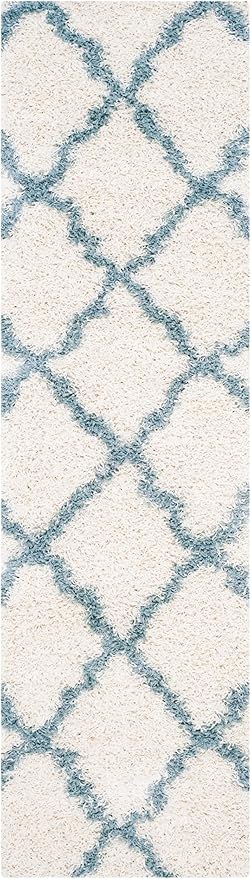 SAFAVIEH Dallas Shag Collection Runner Rug - 2'3" x 14', Ivory & Light Blue, Trellis Design, Non-Shedding & Easy Care, 1.5-inch Thick Ideal for High Traffic Areas in Living Room, Bedroom (SGD257J)