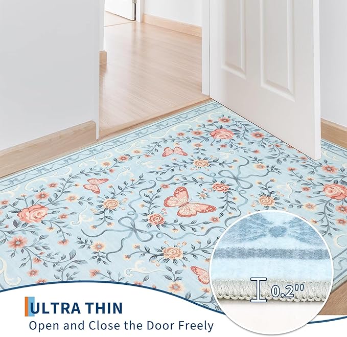 GarveeHome Washable Runner Rug 2x6 Non Slip Hallway Runners Stain Resistant Low Pile Floral Runner Rugs for Kitchen Soft Long Entryway Runner Rugs Blue Boho Throw Carpet for Bedroom Nursery, 2x6