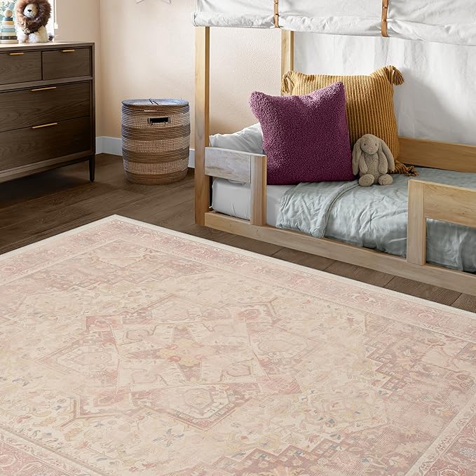 RUGGABLE Washable Area Rug – Kamran Soft Pink 5x7, Stain-Resistant, Non-Slip – Medium Machine Washable Rugs for Living Room, Bedroom, Hallway, Entryway & Office–with Standard Pad