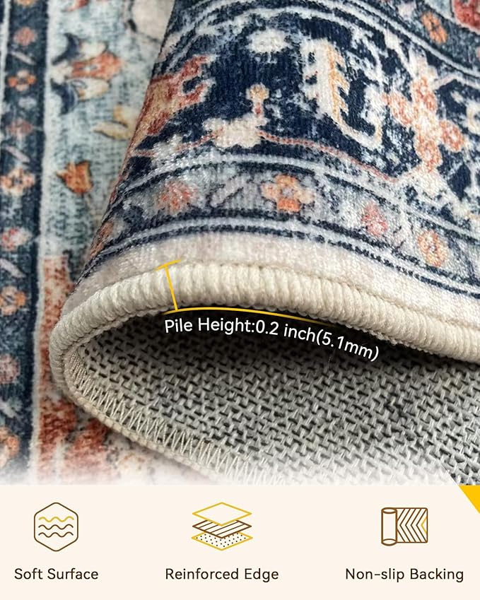 Area Rugs 3'x7' Washable Non-Slip, Floral Vintage Distress Print Pattern Medallion Carpet for Living Room Bedroom Dining Room, Beige Navy Blue Orange Colorful