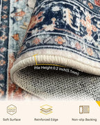 Area Rugs 2'x10' Washable Non-Slip, Floral Vintage Distress Print Pattern Medallion Carpet for Living Room Bedroom Dining Room, Beige Navy Blue Orange Colorful