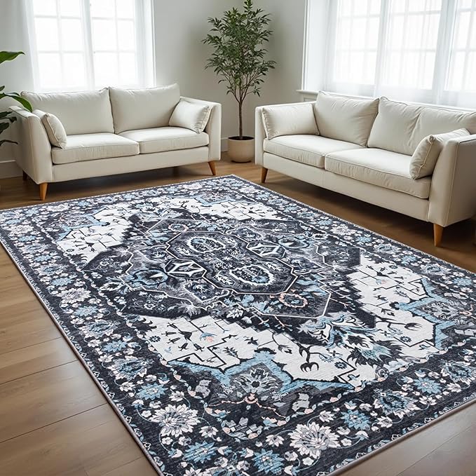Area Rug for Living Room, 9x12 Machine Washable Non Slip Large Faux Wool Throw Rug, 0.3″ Low Pile & Non-Shedding Boho Large Carpet Rugs for for Dining Room, Bedroom, Office (Black)