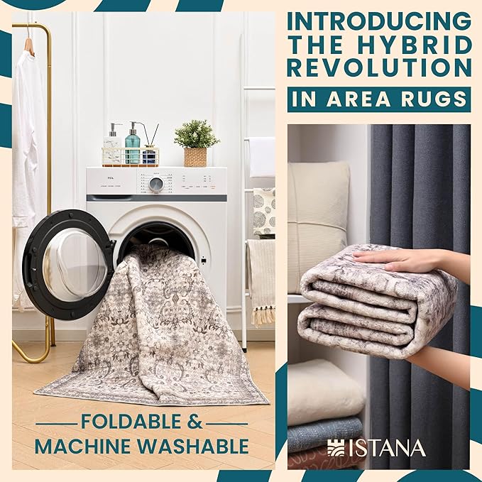 Istana 4x6 Rug - Beige Grey & Light Cream Area Rugs 4x6 - Kid & Pet Friendly Machine Washable Rugs - 4 x 6 Area Rug Non Slip & Non Shedding Area Rug - Foldable Rug for Room for Bedroom