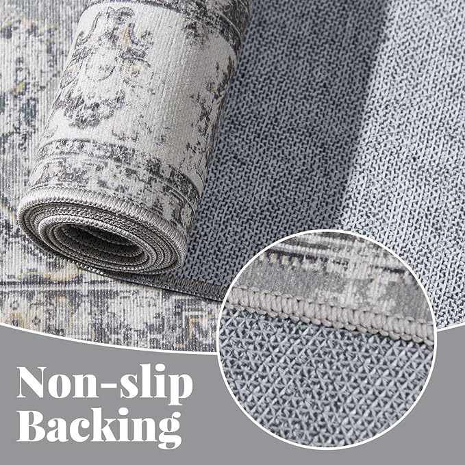 jinchan Fiora Hallway Runner Rug 3x8 Machine Washable Runner Rug Grey Vintage Floral Design Non-Slip Low Pile Ultra-Thin for Kitchen Laundry Room Bedroom Farmhouse (3‘x8', Grey)