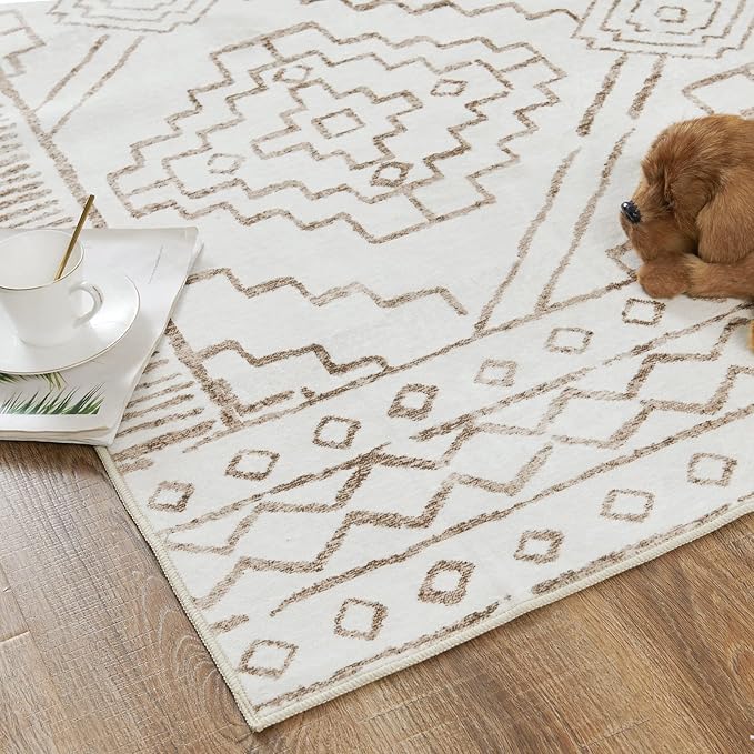 jinchan Moroccan 2x3 Rug for Entryway - Machine Washable Rug Modern Geometric Kitchen Soft Faux Wool Non-Slip Indoor Doormat Ultra-Thin Carpet for Entrance Bathroom Bedroom Living Room (2x3ft, Taupe)
