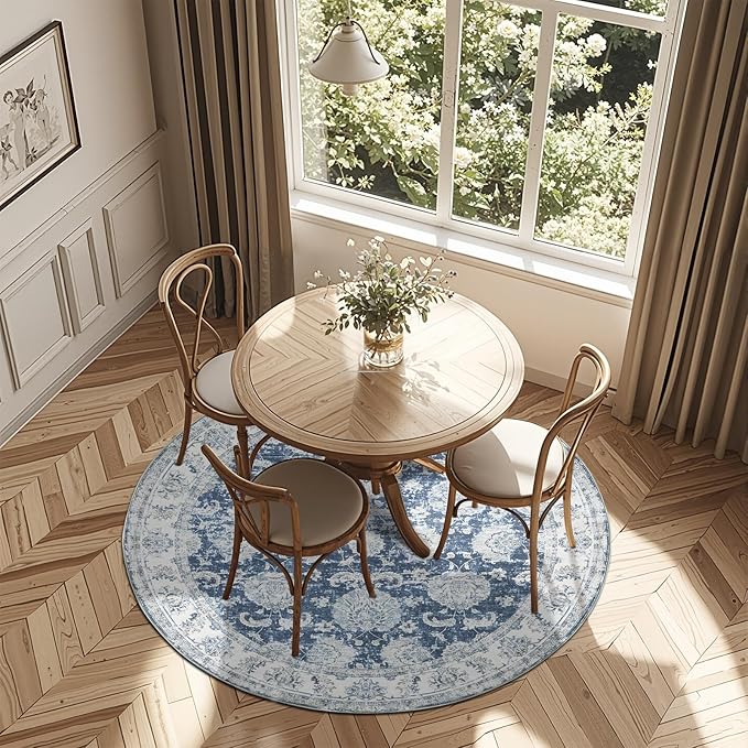 jinchan Fiora Round Rug 6ft Area Rug - Dark Blue Vintage Floor Mat Indoor Ultra-Thin Soft Floral Print - Washable Circle 6' Retro Accent for Farmhouse Non Slip Dining Room Living Room Bedroom Office
