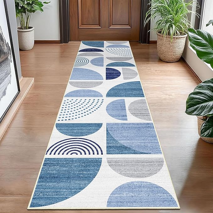 MUJOO Runner Rug Washable,Blue 2x8 Area Rugs for Hallways Kitchen Bedroom Entryway Bathroom,Non Slip Carpet Long Mat Indoor,Boho Soft Modern Abstract Navy Blue