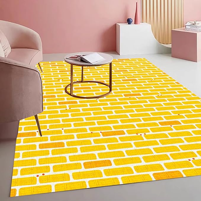 Rustic Brick Texture Area Rug 8x12 Yellow Farmhouse Washable Non Slip Living Room Rugs Retro Large Carpet for Dining Room Bedroom Playroom Home Office Stain Resistant Durable Indoor Mat