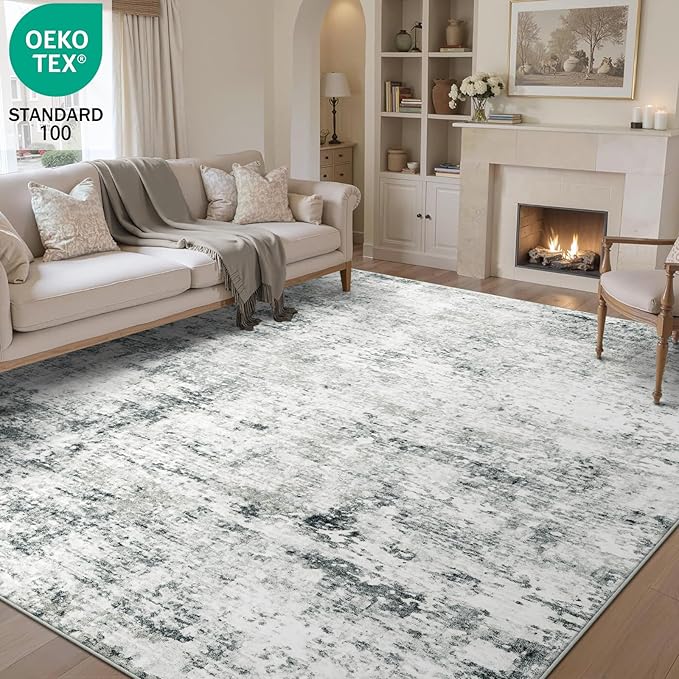 8x10 Machine Washable Area Rug for Living Room, Grey Modern Vintage Abstract Rug Large Non-Slip Low Pile Soft Faux Wool Carpet, Kids and Pets Friendly for Bedroom Dining Room Farmhouse Home Decor Rug
