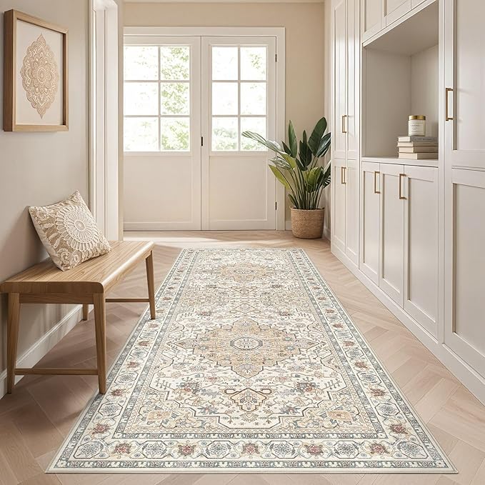 Runner Rug Kitchen Washable Rugs: 2x6 Non-Slip Boho Soft Vintage Stain Resistant Indoor Floor Neutral Farmhouse Throw Carpet for Hallway Bathroom Laundry Room Entryway Bedroom- Cream