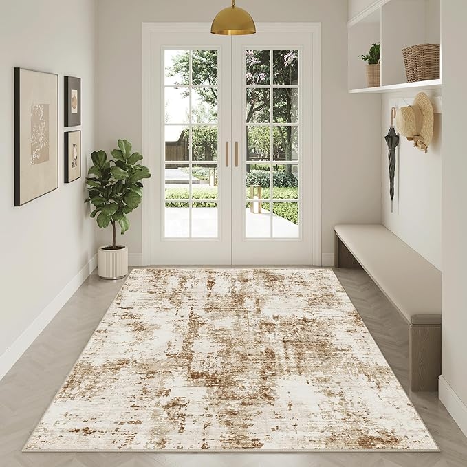 FMFUNCTEX 4x6 Washable Area Rug Brown Beige Abstract Modern Neutral Non Slip Low Pile Indoor Carpet Soft Thin Throw Rug for Entryway Entrance Living Room Bedroom Dining Office Nursery Kitchen Laundry