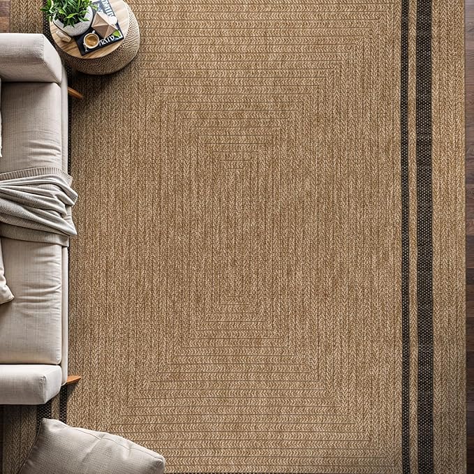 Beverly Rug Easy Jute Bordered Rug 5x7 Washable Durable Indoor Outdoor Area Rugs for Living Dining Room Patio Office Stain Resistant Non Shedding Casual Indoor Outside Carpet 5 x 7 Natural