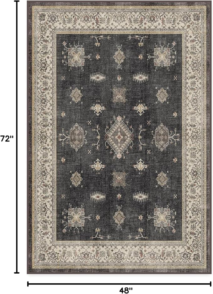 RUGGABLE Washable Vintage Area Rug – Verena Dark Wood 4x6, Stain-Resistant, Non-Slip – Medium Machine Washable Rugs for Living Room, Bedroom, Hallway, Entryway & Office–with Standard Pad