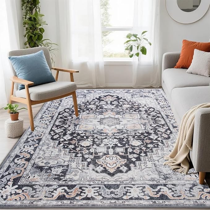 Washable Area Rug 3x5, Low Pile Super Soft Carpet, Vitnage Distressed Rug for Bedroom, Living Room, Dining Room, Non-Slip, Low Pile, Black