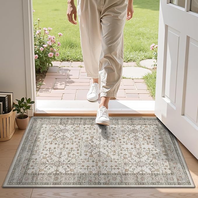 LUMI Indoor Thin Door Mat, 18x30 Washable Small Inside Doormat, Non Slip Low Pile Oriental Floor Carpet, Vintage Distressed Area Rug for Front Door,Entrance,Bedroom, Celadon