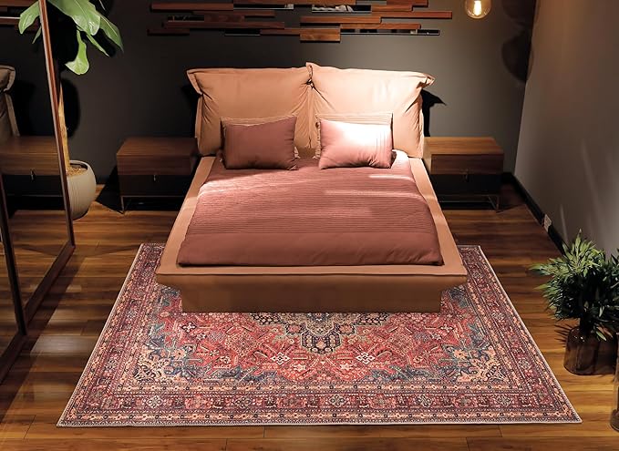 Bloom Rugs Washable Non-Slip 5' x 7' Rug - Red/Teal Blue/Yellow Traditional Medallion Area Rug for Living Room, Bedroom, Dining Room, and Kitchen - Exact Size: 5' x 7'