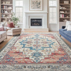 Boho Rugs for Bedroom Girls Playroom, Distressed Medallion Printed 8x10 Rugs for Living Room Kids Room Nursery, Washable Non Slip Low Pile Thin Soft Carpet Rugs Dining Room, Blue/Pale Salmon