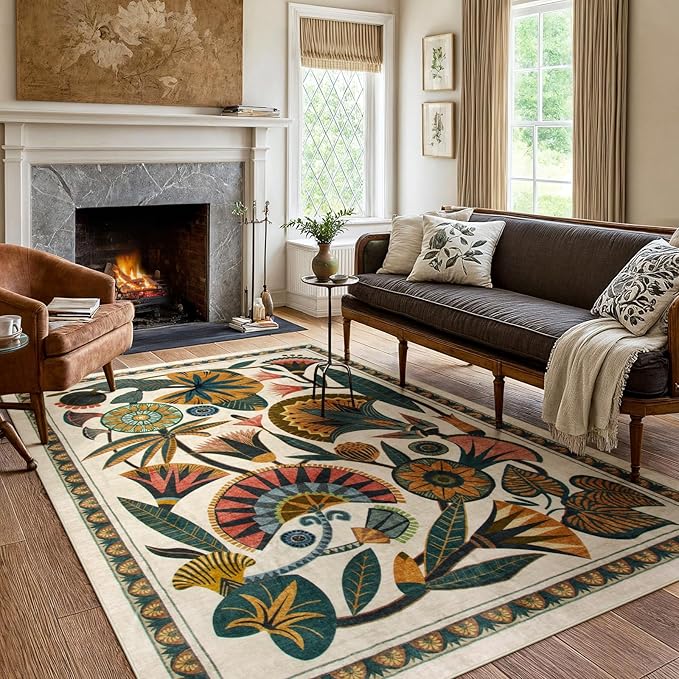 Egypt Floral Washable Area Rugs for Living Room 5x7 Boho Large Vintage Beige Bedroom Dining Room Rug,Non Slip Soft Throw Carpet for Entryway Kitchen Office Hardwood Playroom (5 x 7)