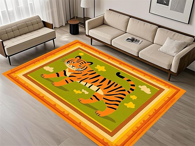 Tiger Rugs for Living Room，5x6ft,Modern Minimalist Style Orange Tiger Rug Suitable for Children's Room，Machine Washable Cute Tiger Rug for Boys and Girls Bedroom Farmhouse Restaurant