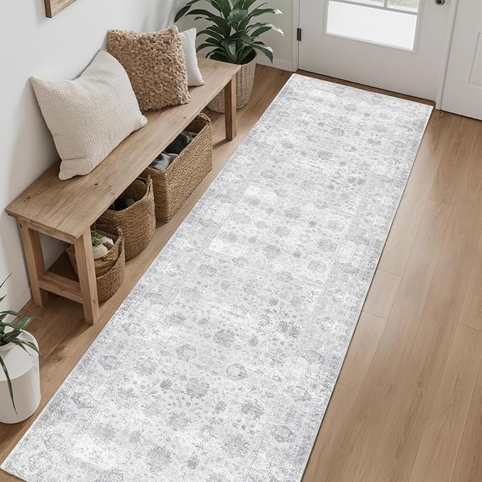 Hallway Runner Rug 2x6 Washable Area Rugs, Vintage Floral Rug Soft Non Slip Stain Resistant Boho Floor Carpet Runners for Hallways Entryway Laundry Room Kitchen Bathroom, and Bedroom Grey