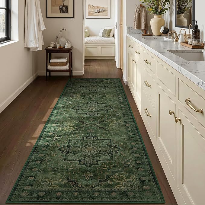 Retro Green 3x8 Rug Runners for Entryway Non Slip, Distressed Medallion Carpet Runners for Hallway 8ft, Low Pile Thin Runner Rug Non Slip Washable for Kitchen/Foyer/Mudroom/Bedroom