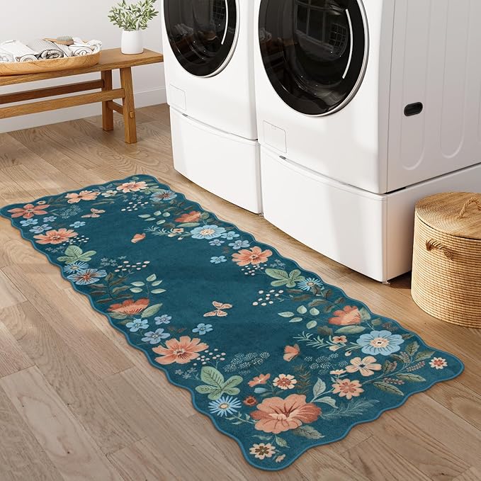 Lahome Floral Washable Runners for Hallways, 2x5 Kitchen Runner Rug Ultra-Thin, Non-Slip Stain Resistant Boho Low-Pile Carpet Runner for Bathroom Bedroom(2x5ft,Navy Blue)
