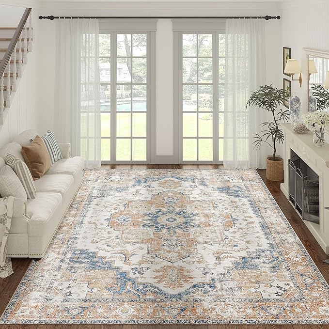 jinchan Kelda Living Room Area Rug 10x12 Washable Rug Vintage Indoor Large Floor Cover Distressed Lightweight Non-Slip Low Pile Thin Mat Stain Resistant Carpet for Bedroom Dining Room Office Orange