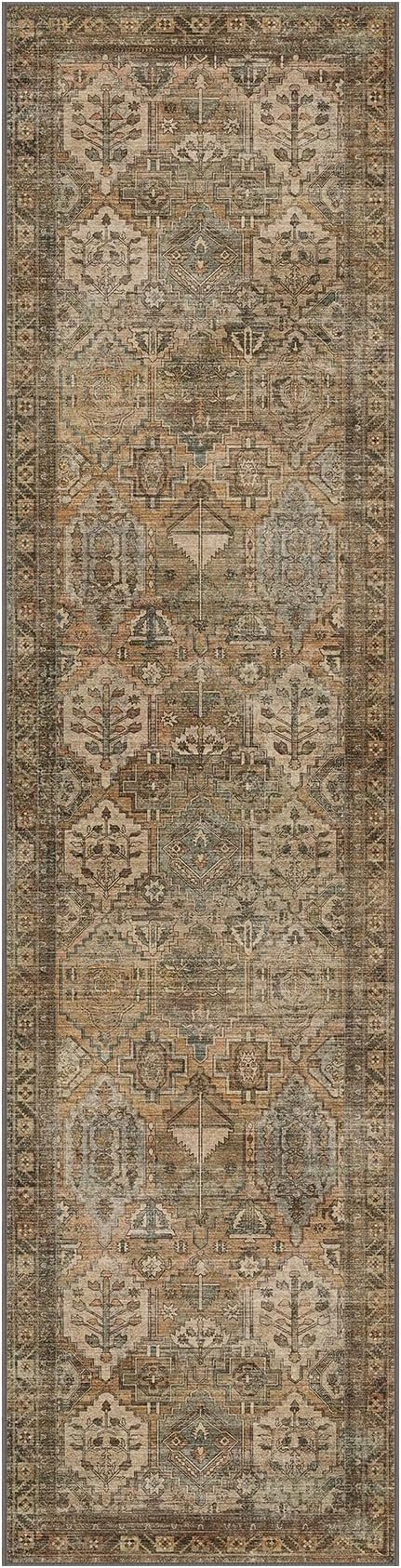 Bavni Kitchen Rug 2x8 Runner Rugs for Hallways Entryway, Washable Vintage Print Carpet, Ultra-Thin Chenille Low Pile Lightweight Rug with Non Slip Backing, Warm Taupe