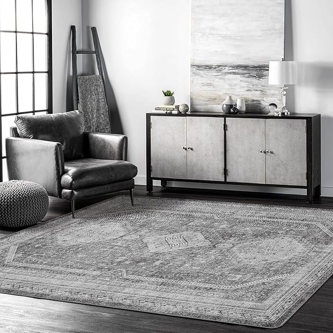 Bavni Runner Rug 2x10 Kitchen Rugs for Hallways Entryway, Washable Vintage Print Carpet, Low Pile Lightweight Rug with Non Slip Backing, Vintage Grey